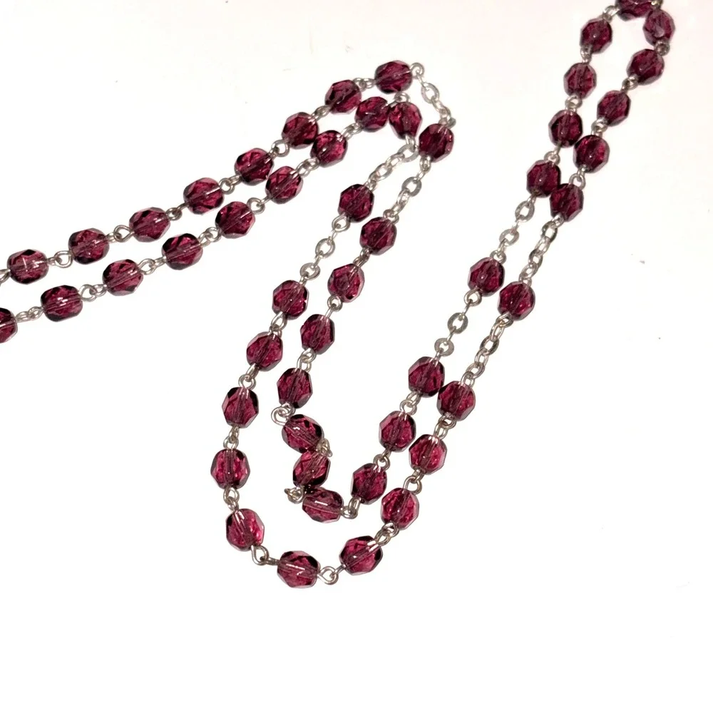 Purple Amethyst Faceted Glass Bead Rosary Silver Tone Crucifix Virgin Mary 18.5